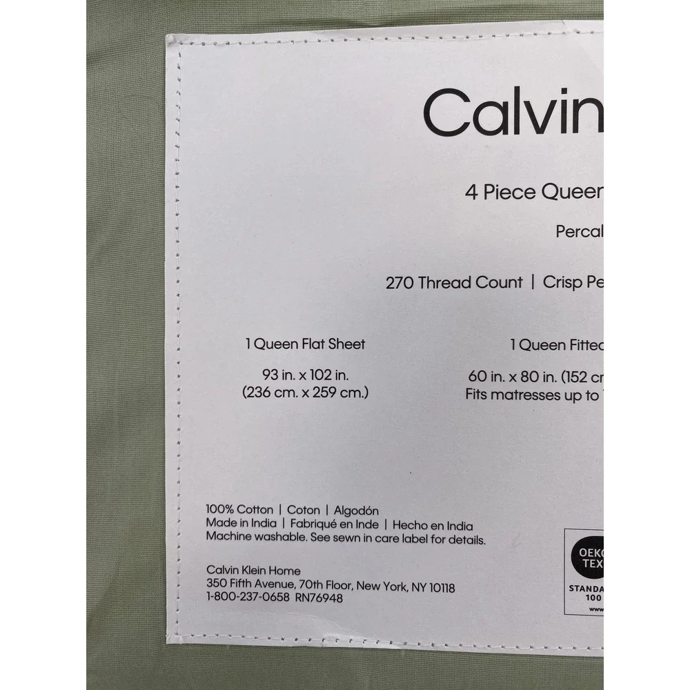 Calvin Klein Sheet Set Queen Sage Green Cotton Percale 270TC Earthy Modern